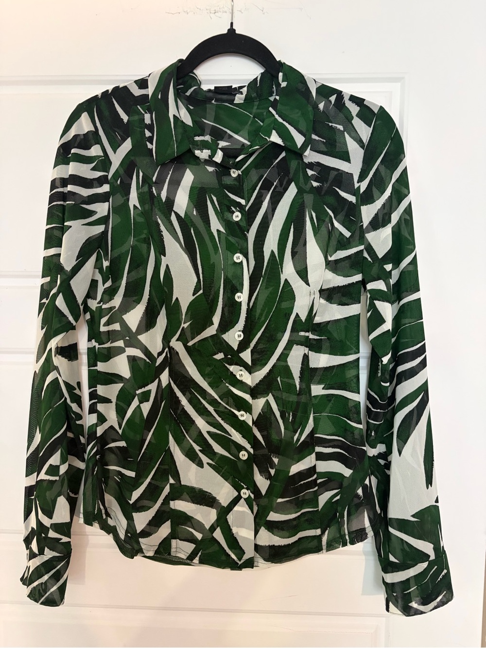 Marciano by Guess Sheer Tropical Leaf Print Blouse | Green & White | Size M